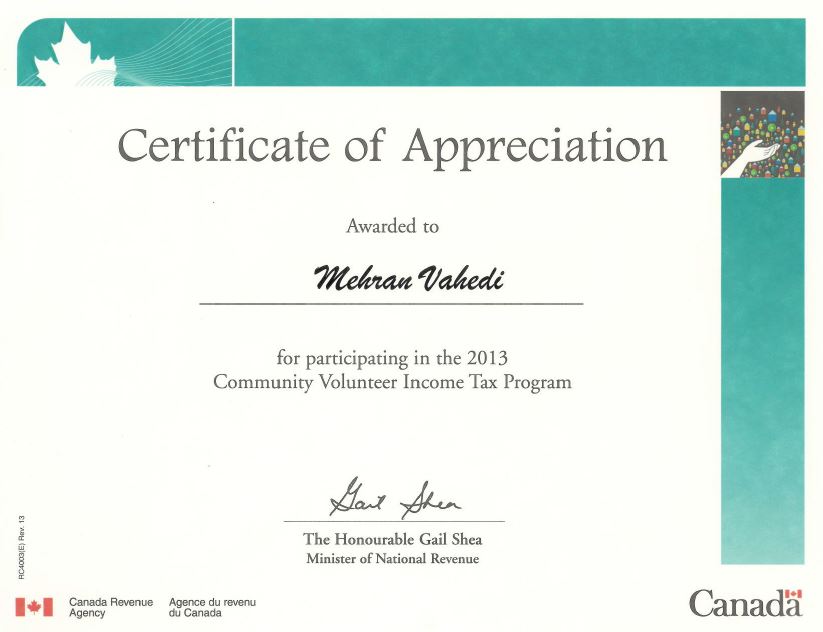 Canada Revenue Agency Certificate of Appreciation